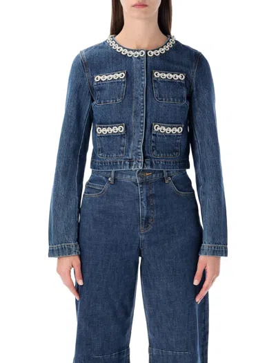 Self-portrait Cropped Denim Jacket With Crystal Chain Trims In Blue