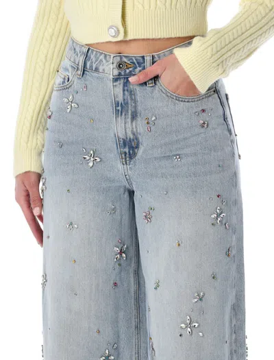 Self-portrait Embellished Wide-leg Jeans With Crystal Embellishment In Blue