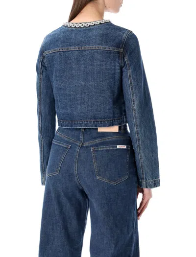 Self-portrait Cropped Denim Jacket With Crystal Chain Trims In Blue
