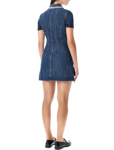 Self-portrait Denim Mini Dress With Crystal-embellished Collar In Blue