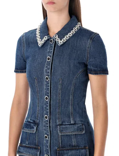 Self-portrait Denim Mini Dress With Crystal-embellished Collar In Blue