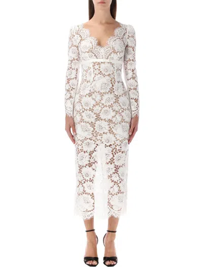 Self-portrait White Floral Lace Midi Dress With Satin Bow In White