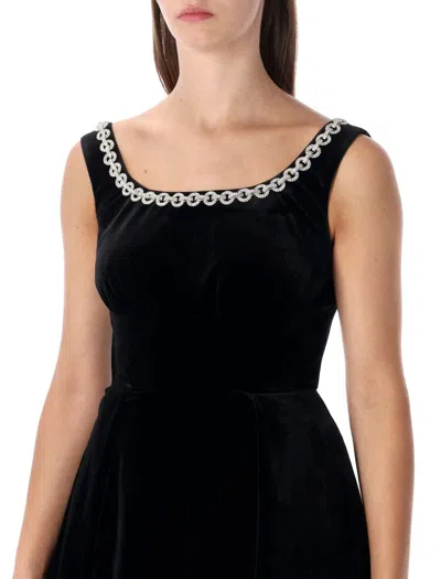 Self-portrait Godet Velvet Mini Dress Crystal Trim In Black
