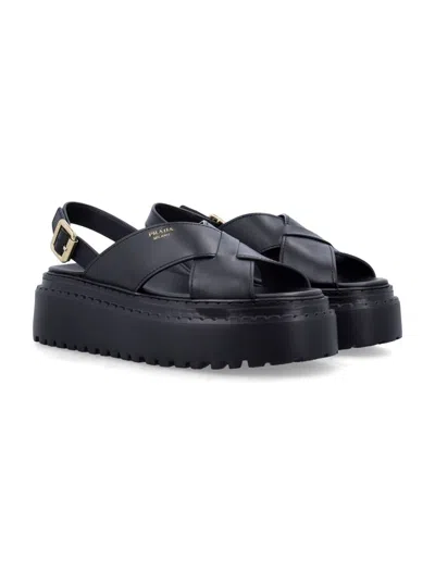 Prada Leather Crisscross Sandals In Black