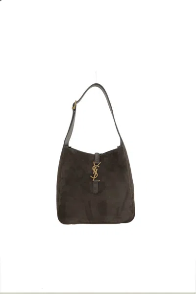 Saint Laurent Le 5 A 7 Small Ysl Suede Shoulder Bag In Gray