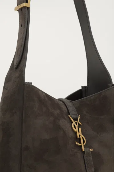 Saint Laurent Le 5 A 7 Small Ysl Suede Shoulder Bag In Gray