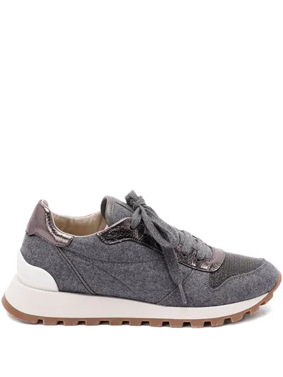 Brunello Cucinelli Runners In Techno Fabric And Calfskin With Precious Trim In Multi