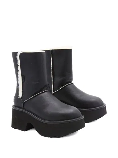 Ugg Fur-trimmed Black Leather Platform Boots With Block Heel In Multi