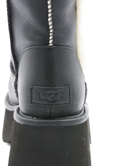 Ugg Fur-trimmed Black Leather Platform Boots With Block Heel In Multi