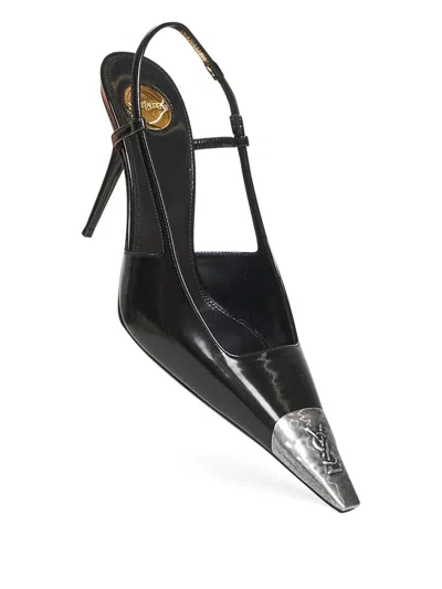 Saint Laurent Jeanne Slingback Pumps In Glazed Leather With Metal Toe Shoes In Black