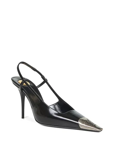 Saint Laurent Jeanne Slingback Pumps In Glazed Leather With Metal Toe Shoes In Black