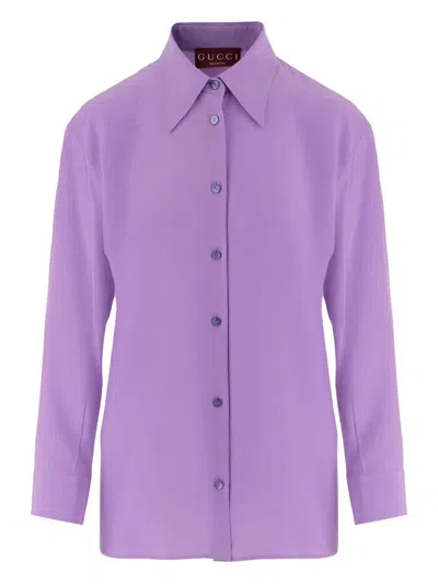 Gucci Long Sleeve Silk Shirt With Pointed Collar In Purple
