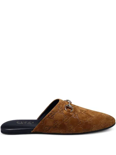 Gucci Gg Leather Slippers In Brown