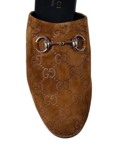 Gucci Gg Leather Slippers In Brown