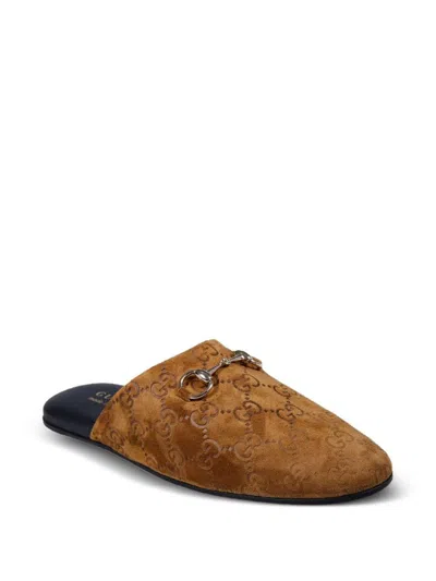 Gucci Gg Leather Slippers In Brown