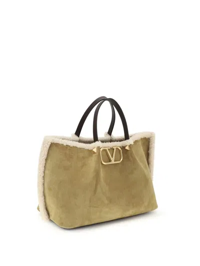 Valentino Garavani Suede And Sheepskin Medium Tote Bag In Brown