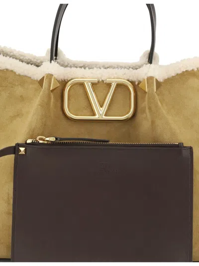 Valentino Garavani Suede And Sheepskin Medium Tote Bag In Brown