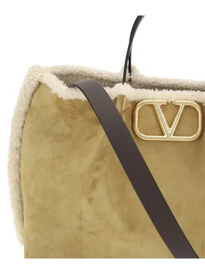 Valentino Garavani Suede And Sheepskin Medium Tote Bag In Brown