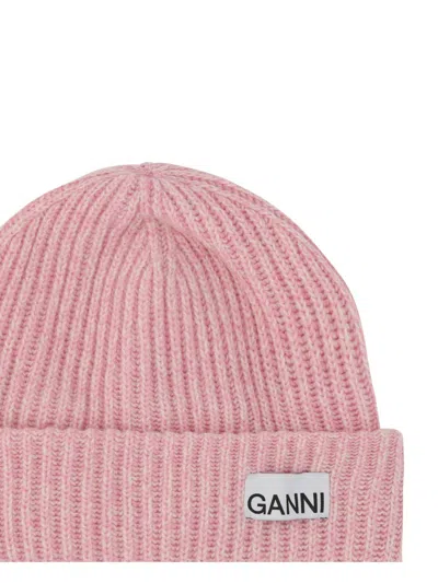Ganni Wool-blend Light Structured Rib-knit Beanie In Pink