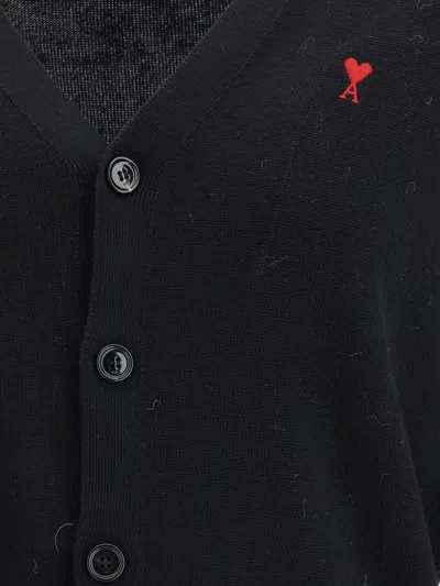Ami Alexandre Mattiussi V-neck Black Wool Cardigan With Embroidered Accent In Black