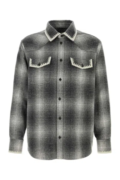 Golden Goose Wool Blend Long Sleeve Checked Shirt In Gray