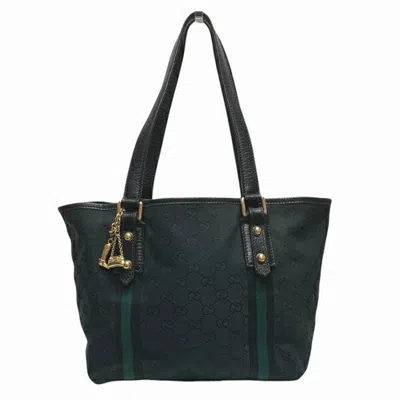 Pre-owned Gucci Gg Canvas Black Green Gg Canvas Leather Tote Bag () In Multi