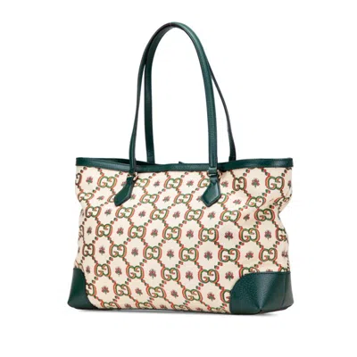 Pre-owned Gucci Ophidia Beige Green Multi-color Canvas Leather Tote Bag ()