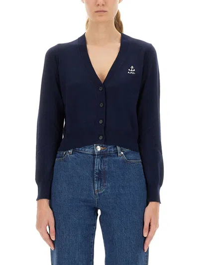 Apc Cropped Black Cardigan With Embroidered Logo In Animal Print