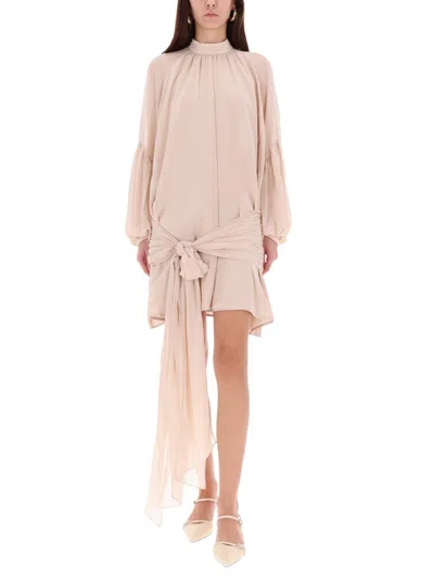 Rotate Birger Christensen Rotate Birgerchristensen Chiffon Dress With Shoulder Straps And Tie In Neutral