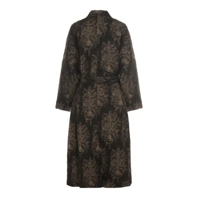 Uma Wang Floral Patterned Textured Coat Belted In Brown