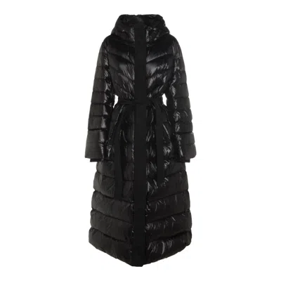 Mackage Long Hooded Quilted Down Jacket With Belt In Black