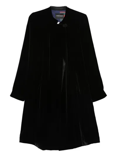 Emporio Armani Knee Length Velvet Coat With Long Sleeves In Black