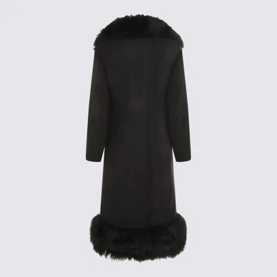 Blumarine Long Structured Coat With Floral Embellishments And Silver Buttons In Black