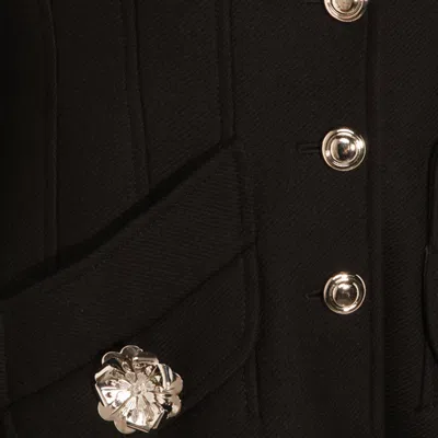 Blumarine Long Structured Coat With Floral Embellishments And Silver Buttons In Black