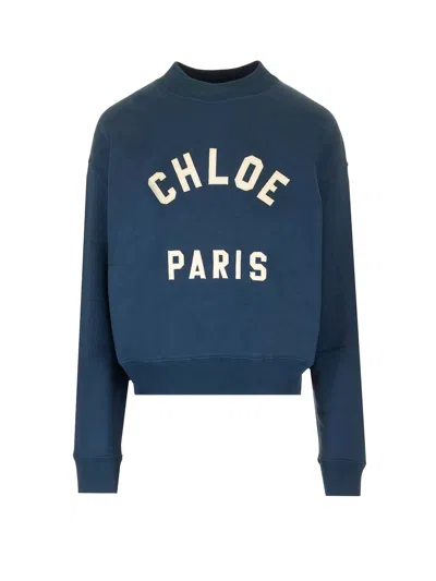 Chloé Women Blue Crewneck Sweatshirt With Logo Lettering Print In Cotton Woman In Blue