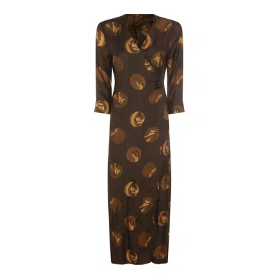 Uma Wang Abstract Pattern Dress Belted Waist In Brown