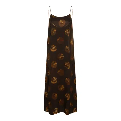 Uma Wang Abstract Print Slip Dress With Spaghetti Straps In Brown