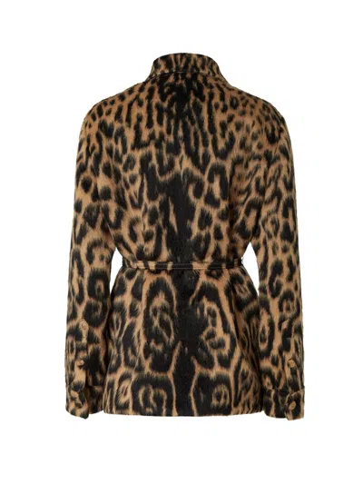 Fendi Women Multicolor Coat With Ff Buckled Belt On The Front And All-over Leopard Motif In Wool Ble In Brown