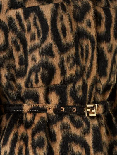 Fendi Women Multicolor Coat With Ff Buckled Belt On The Front And All-over Leopard Motif In Wool Ble In Brown