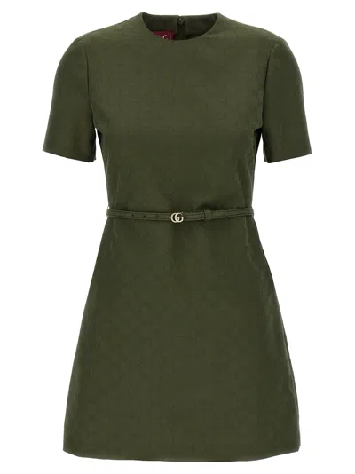 Gucci Women Green Mini Dress With Gg Buckle Belt In Fabric Woman In Green