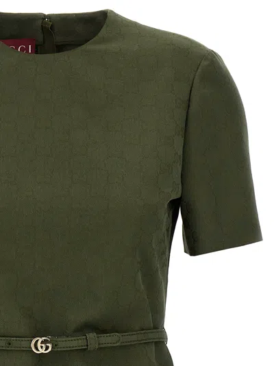 Gucci Women Green Mini Dress With Gg Buckle Belt In Fabric Woman In Green