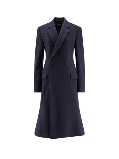 Balenciaga Midi Wool Coat Flared Hem In Blue