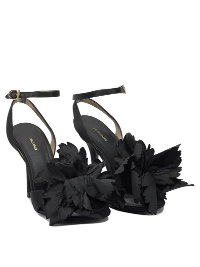 Ferragamo Black Satin Flower Sandals In Multi