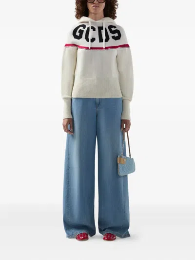 Gcds Cropped Hoodie With Logo And Hood In White