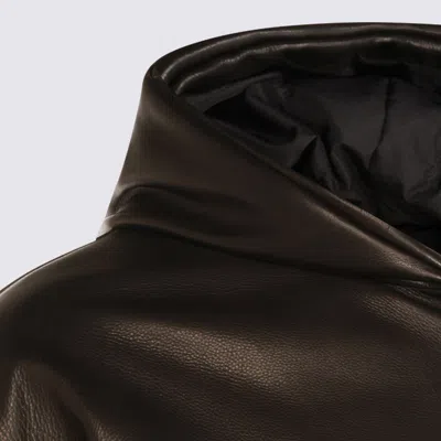 Fear Of God Hooded Leather Jacket With Ribbed Cuffs And Hem In Brown