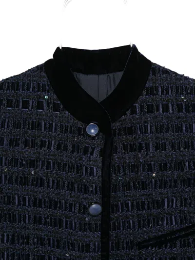 Emporio Armani Textured Blazer With Front Pocket And Velvet Collar In Blue
