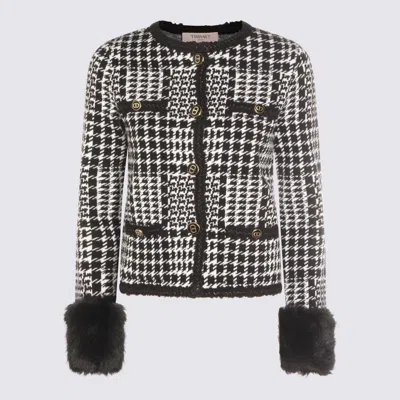 Twinset Houndstooth Pattern Jacket With Faux Fur Accents In Black