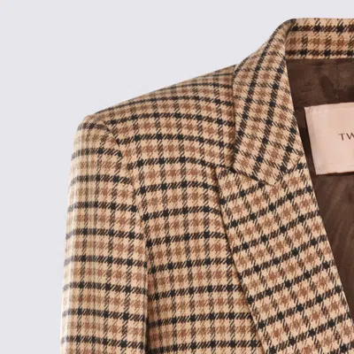 Twinset Checked Blazer With Front Pockets And Long Sleeves In Brown