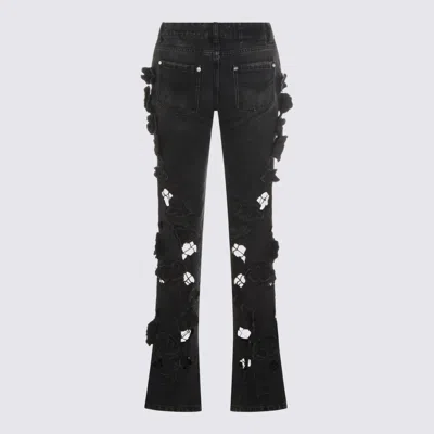 Blumarine Straight Trousers With Distressed Floral Appliqué In Black