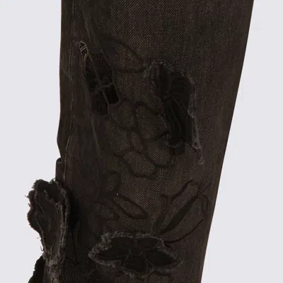 Blumarine Straight Trousers With Distressed Floral Appliqué In Black